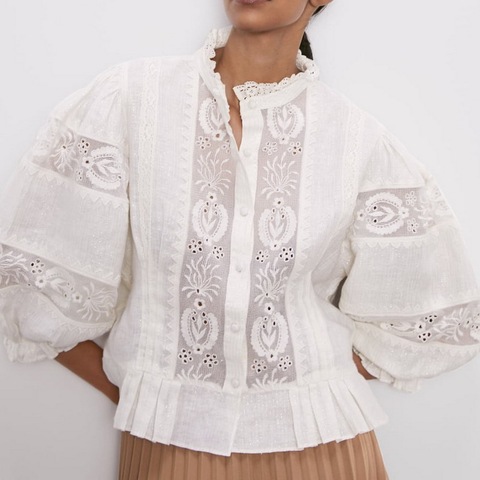 Blusa con estilo para mujer camisa bordada otoño 2022 nueva moda ahueca hacia fuera encaje Patchwork rayas modernas para mujer Camisetas cortas ► Foto 1/6