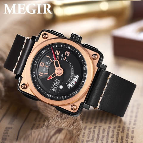 Megir-Reloj de pulsera de cuarzo para hombre, cronógrafo con esfera analógica cuadrada, correa de cuero, resistente al agua, con calendario y fecha, de negocios, rectangular, 2040 ► Foto 1/6