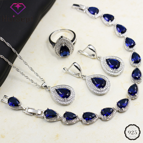 HuiSept-Conjunto de joyería de plata 925, gota de agua de zafiro, piedras preciosas, anillo de circón, pendientes, collar, pulsera para mujer, boda ► Foto 1/5