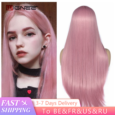 Wignee, peluca de pelo sintético larga y recta rosa para mujer, paquete de cabello con cierre diario/juego de fiesta de peluca paquete precoloreado ► Foto 1/6