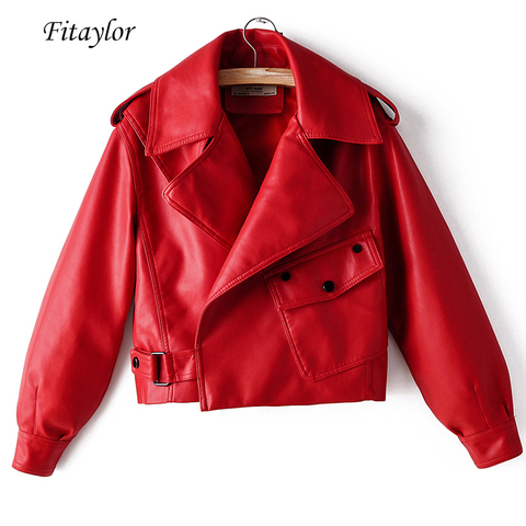 Fitaylor nueva chaqueta de cuero de imitación para mujer otoño Pu motocicleta motorista abrigo rojo Collar suelto Streetwear negro Punk prendas de abrigo ► Foto 1/6