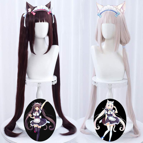 NEKOPARA-coletas largas Chocolat chocolate, pelo marrón vainilla Kawaii rosa de 100cm, peluca de Cosplay resistente al calor + gorro para peluca ► Foto 1/6