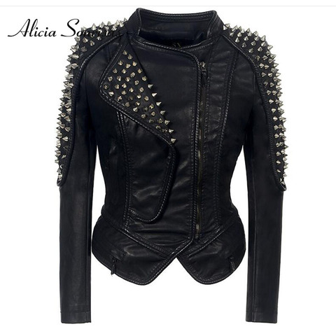 Chaqueta de cuero para mujer, abrigos de Metal y plata con tachuelas de estrellas, remache metálico, PU, Punk, motociclista, SX01 ► Foto 1/6