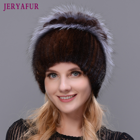 JERYAFUR-gorros de punto cálidos para mujer, gorros de visón, tejido Vertical con piel de conejo, decoración forma de flor, gran oferta ► Foto 1/6