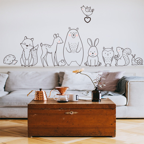 Etiqueta de la pared de animales de dibujos animados nórdicos, calcomanías creativas para habitación de niños, papel tapiz adhesivo para decoración del hogar ► Foto 1/6