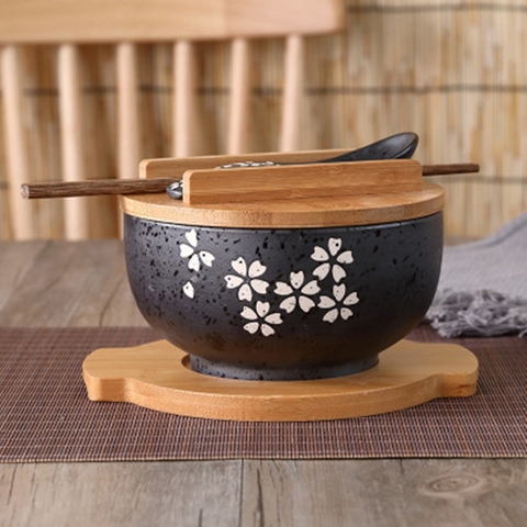 Recipiente de fideos instantáneos japonés vajilla de comedor, vajilla, ensalada, cuenco de cerámica, cuchara de madera, palillos chinos de madera ► Foto 1/6