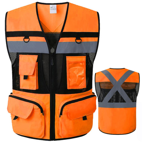 Chaleco reflectante de seguridad para motocicleta, chaqueta de seguridad de alta visibilidad con 9 bolsillos, color naranja, para verano ► Foto 1/6