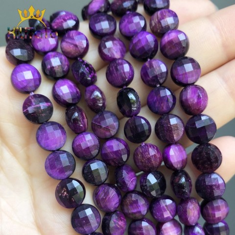 Cuentas faceteadas naturales de ojo de tigre púrpura, espaciador abalorios redondos planos de 8x8mm para joyería, accesorios de pulsera DIY de 15 pulgadas ► Foto 1/6