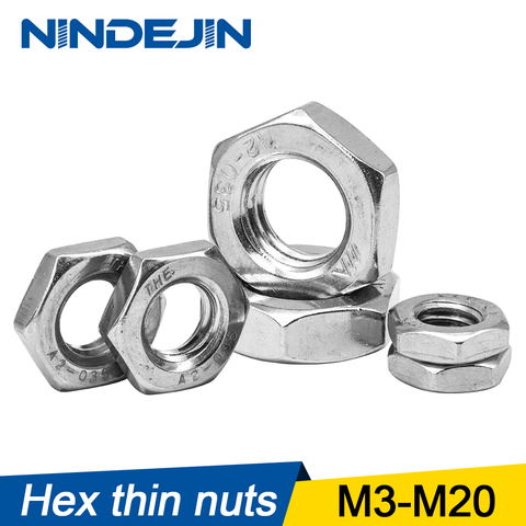 NINDEJIN 1-50 Uds delgada tuercas hexagonales de acero inoxidable 304 M3 M4 M5 M6 M8 M10 M12 M14 M16 M18 M20 tuercas delgadas DIN439 ► Foto 1/4