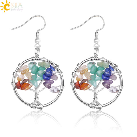 CSJA-pendientes de gota de árbol de la vida para mujer, aretes redondos de GEMA de Chip Natural, Ojo de Tigre opalino, cristal blanco, pendiente colgante con gancho, joyería E514 ► Foto 1/6