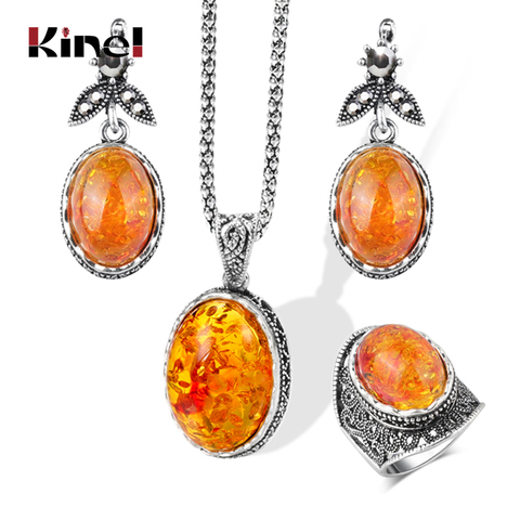 Kinel-pendientes de amberos de imitación ovalados para mujer, conjunto de anillo de aspecto Vintage tibetano, plata, cristal, flor, collar, joyería ► Foto 1/6