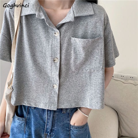 Camisas de las mujeres Crop parte de arriba con bolsillos de novedad de verano diseñado estilo coreano suelto Delgado transpirable todo-Partido de los estudiantes Preppy Chic ► Foto 1/6