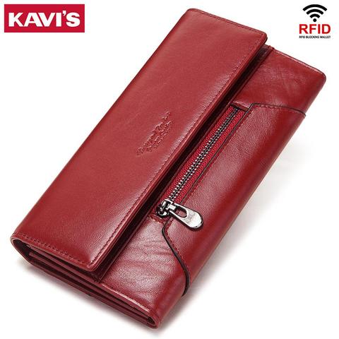 KAVIS-cartera de piel auténtica para mujer, cartera femenina a la moda, con tarjetero y cremallera, práctico y de alta capacidad ► Foto 1/6