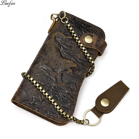 Cartera de cuero genuino para hombre, cartera plegable con cadena a presión, tarjetero de cuero de Caballo Loco, tarjetero de teléfono, Cartera de dragón Tigre ► Foto 1/6