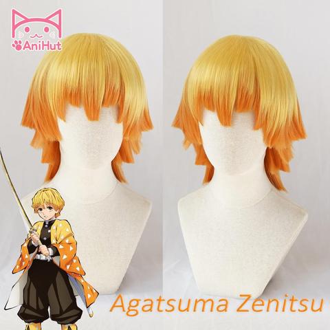 AniHut Agatsuma Zenitsu peluca Kimetsu no Yaiba demonio Matador Cosplay amarillo sintético resistente al calor pelo Agatsuma Zenitsu Cosplay ► Foto 1/6