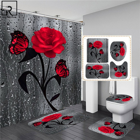 Cortina de ducha con estampado de rosas 3D, juego de alfombrillas de baño antideslizantes de poliéster, impermeables, decoración del hogar, 5 colores ► Foto 1/6