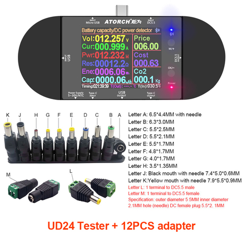 Probador USB tipo C DC5.5, voltímetro digital, amperímetro, Banco de energía, detector de voltaje de batería, Medidor eléctrico de voltios + adaptador de CC ► Foto 1/6