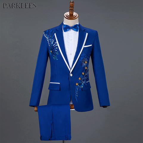 Traje de bordado de lentejuelas azul real para Hombre, trajes de esmoquin para novio y boda, Traje de un botón con solapa máxima para escenario, 2XL ► Foto 1/6