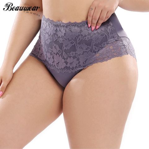 Beauwear-bragas de talla grande para mujer, ropa interior de encaje Floral liso de poliéster Sexy de encaje de tiro alto, ropa interior 3XL-5XL ► Foto 1/6