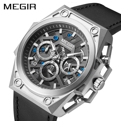 MEGIR-relojes de acero inoxidable para hombre, cronógrafo de pulsera, resistente al agua, deportivo, de cuarzo ► Foto 1/6