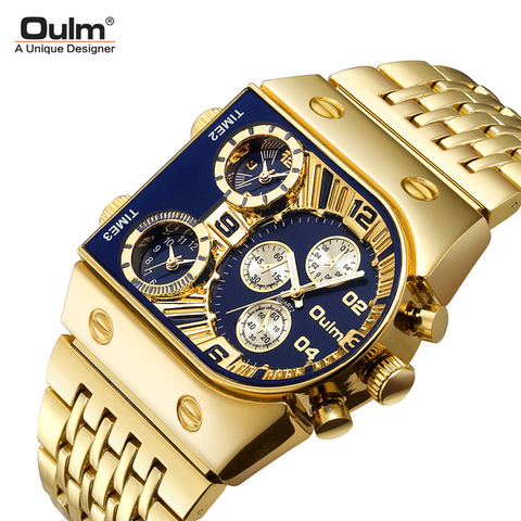 Oulm-reloj con esfera grande para hombre, cronógrafo militar de 3 zonas horarias, de lujo, de acero inoxidable dorado, Masculino ► Foto 1/6