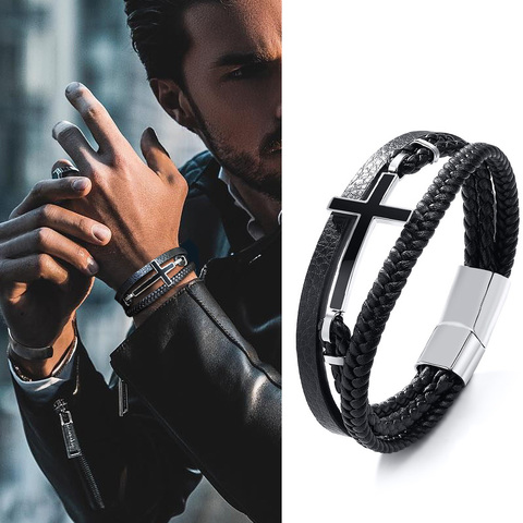 Pulsera de cuero trenzada para hombre, brazalete cruzado lateral, color negro, joyería ► Foto 1/6