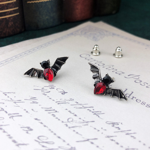 VamGoth-pendientes de tuerca de murciélago para mujer y hombre, regalo de cristal rojo Punk, plata antigua, regalo de fiesta, joyería al por mayor ► Foto 1/1