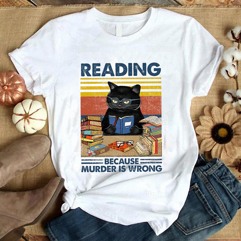Camiseta de gato negro de estilo Vintage para leer, camisetas de algodón con estampado para amantes del libro, función de matar, divertido ► Foto 1/6