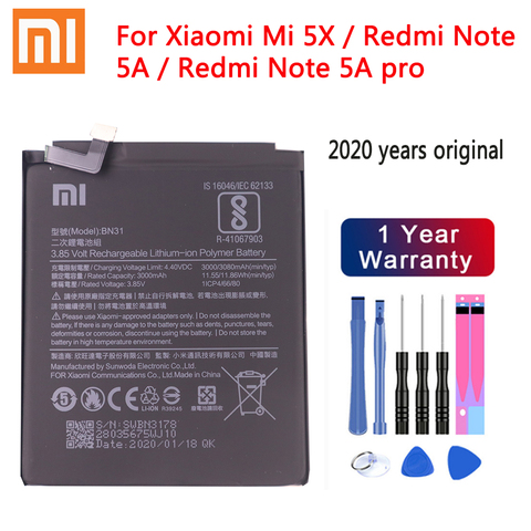 2022 100% Original de la batería 3000mAh BN31 para Xiaomi mi 5X rojo mi nota 5A rojo mi nota 5A pro mi A1 rojo mi Y1 Lite rojo mi S2 batería ► Foto 1/6