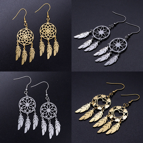 LaVixMia-pendientes bohemios de acero inoxidable auténtico, joyería atrapasueños, pendientes de loto de plumas para mujer, venta al por mayor, envío directo ► Foto 1/6