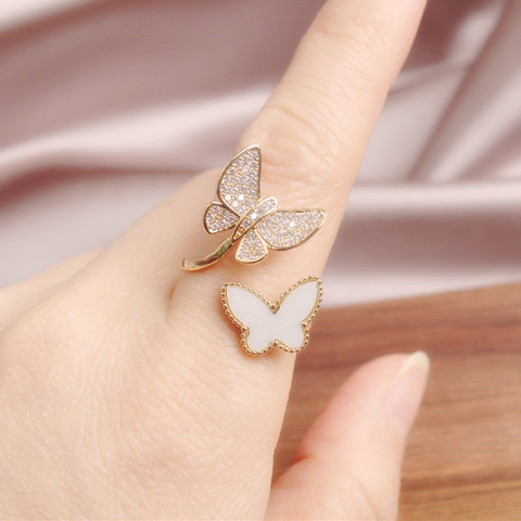 Coreano nuevo de moda de cobre de joyería con incrustaciones de circonita de lujo luz apertura delicado flexible mariposa conchas elegante mujer anillo ► Foto 1/6