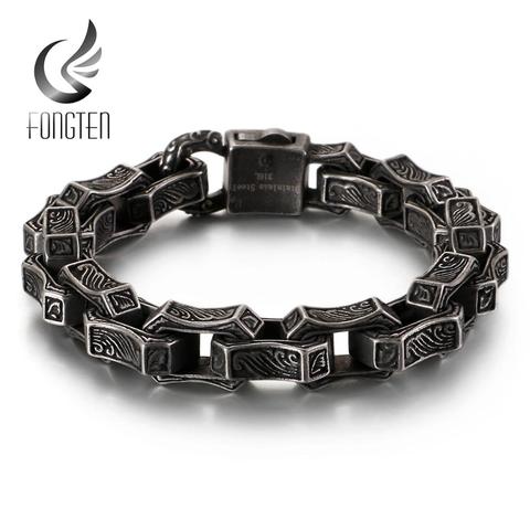 Fongten, brazalete cuadrado grabado Vintage para hombres, brazalete de acero inoxidable negro, caja Punk, cadena de eslabones, brazalete personalizado, joyería de moda para hombre ► Foto 1/6