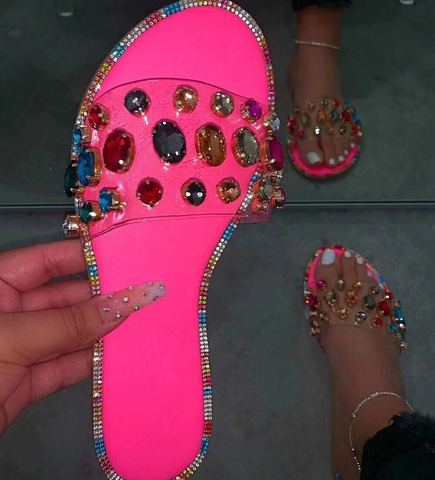 Sandalias de verano ostentosas para mujer, zapatillas planas de playa con diamantes de imitación, de talla grande ► Foto 1/6