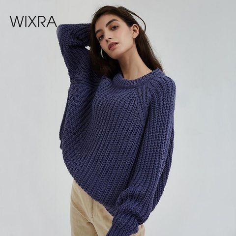 Wixra-suéter de punto grueso de gran tamaño para mujer, Jersey holgado sólido grueso con cuello redondo, Tops elegantes para mujer, Otoño e Invierno ► Foto 1/6