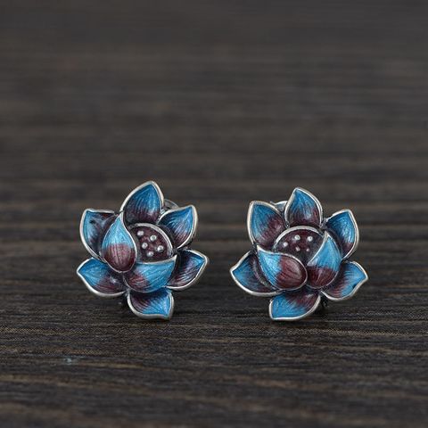 Pendientes de plata de ley S925 de loto Cloisonne Retro para mujer, aretes de tuerca esmaltados de estilo étnico a la moda ► Foto 1/5