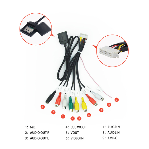 Adaptador de conector de cableado de cable de salida de vídeo RCA estéreo de Radio Universal para coche, adaptador Aux-in, micrófono Subwoofer, Tarjeta SIM ► Foto 1/5