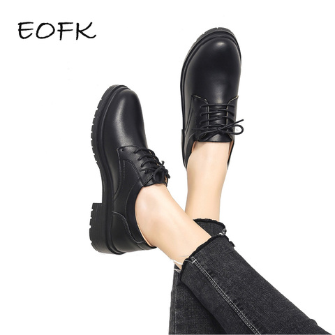 EOFK-zapatos planos de cuero negro con cordones para Mujer, mocasines femeninos, de diseñador, estilo Derby ► Foto 1/6