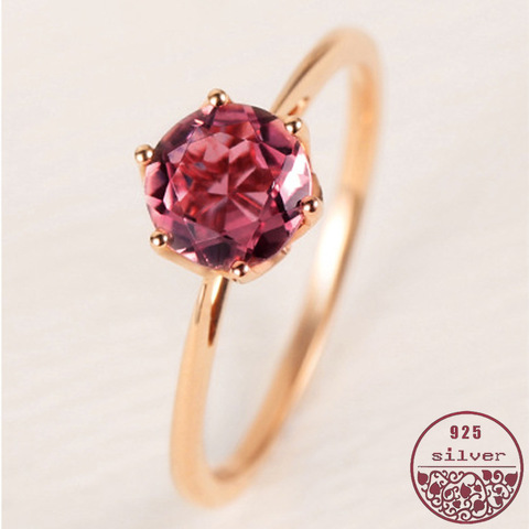 Anillo de Plata de Ley 925 para mujer, oro rosa, individual con incrustaciones de diamante redondo, luz de caramelo de lujo, seis garras, rubí elegante de granada ► Foto 1/6