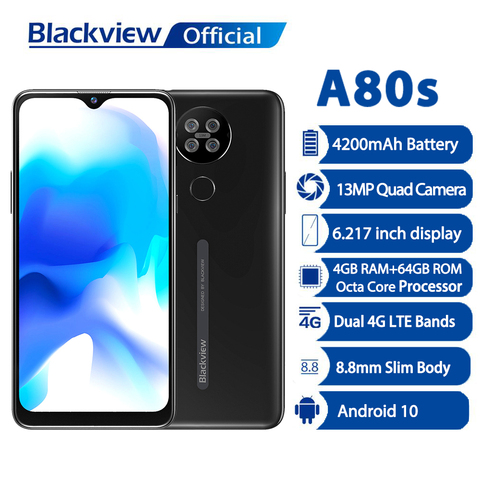 Blackview-teléfono inteligente A80s, 4GB + 64GB, cámara Quad de 13MP, 4200mAh, Android 10, ocho núcleos, identificación facial, 4G, reconocimiento de huella dactilar ► Foto 1/6