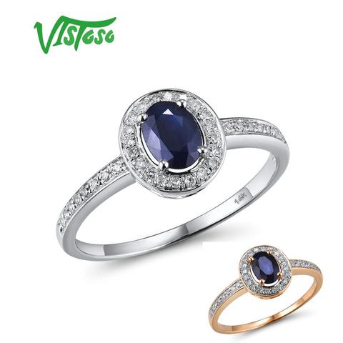 VISTOSO 14 K anillos de oro blanco para mujeres genuino diamante brillante azul zafiro compromiso aniversario única joyería fina ► Foto 1/6