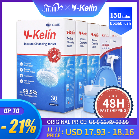 Y-Kelin dentadura limpieza tabletas 150 pestañas + dentadura caja + cepillo dental de diente falso cuarto de limpieza Y prótesis kits de blanqueamiento ► Foto 1/6