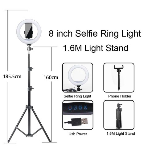 Anillo de luz LED regulable para selfis, Lámpara USB de 8 pulgadas con soporte, 160cm, para teléfono, estudio, escritorio ► Foto 1/5