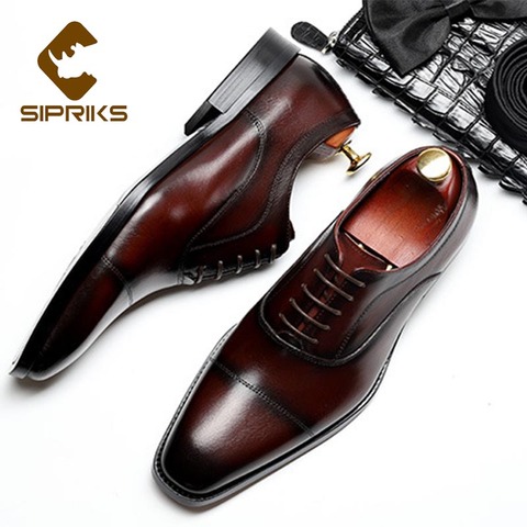 Sipriks Zapatos de vestir italianos hechos a mano de cuero genuino zapatos para la Iglesia vino tinto Borgoña negro Oxfords Cap Toe traje de caballeros sociales zapatos de hombre calzado hombre zapstos de hombre de ves ► Foto 1/6