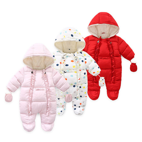 Ropa de invierno para bebé niña, traje de nieve con capucha de lunares de colores Unisex, pelele para bebé recién nacido y chaqueta con guantes ► Foto 1/6