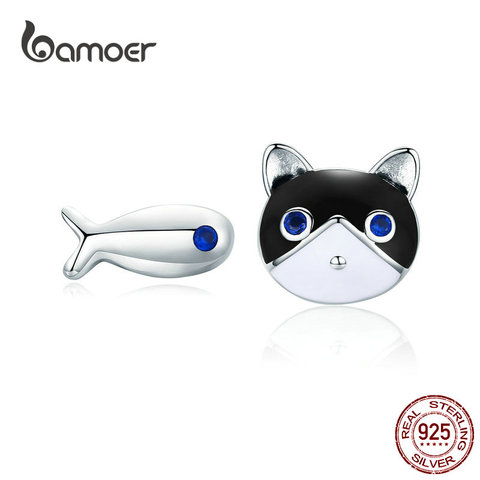 BAMOER-pendientes de tuerca de gato y pez para niña, de plata de ley sólida, esmalte plateado, gatito, oreja de Animal, regalos de joyería para niños SCE623 ► Foto 1/6