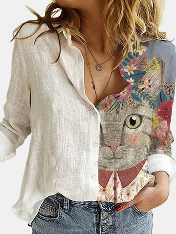 Blusa holgada con estampado Digital de gato y Animal para otoño, camisa blanca con manga y cuello vuelto para oficina ► Foto 1/6
