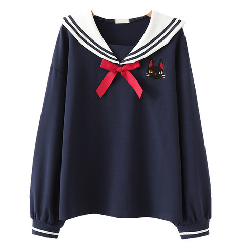 Sudadera con capucha de estilo japonés para mujer, suéter con bordado de gato de dibujos animados, suéter de manga larga con cuello de Sailor, chándales para chica dulce ► Foto 1/6