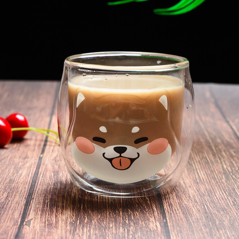 Tazas coreanas de Shiba Inu de 200ML, Taza de leche de desayuno de doble cristal, taza de café creativa de animales, vasos de zumo para mujer ► Foto 1/6