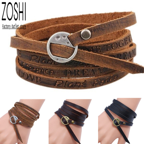 Pulsera de piel auténtica con varias capas para hombre y mujer, brazalete con letras en relieve, Estilo Vintage bohemio, negro/marrón ► Foto 1/6