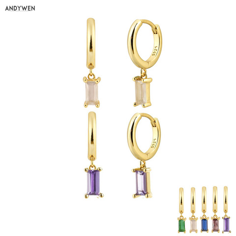 ANDYWEN-Pendientes de aro de plata de ley 925 con colgante de cristal, pendientes de color dorado, con colgante de cristal morado ► Foto 1/6